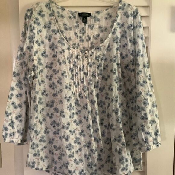 LRL LAUREN JEANS CO. RALPH LAUREN 100% COTTON DENIM BLUE FLORAL WOMAN BLOUSE XL - Picture 9 of 9